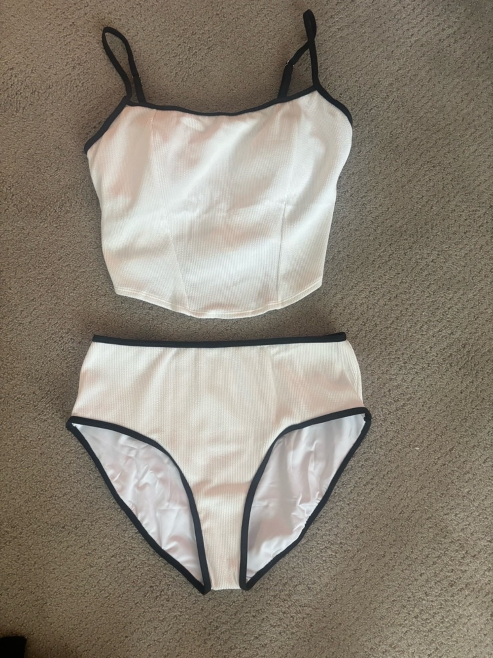 White Two-Piece Lined Crop Top & High-Waist Brief Set with Black Trim